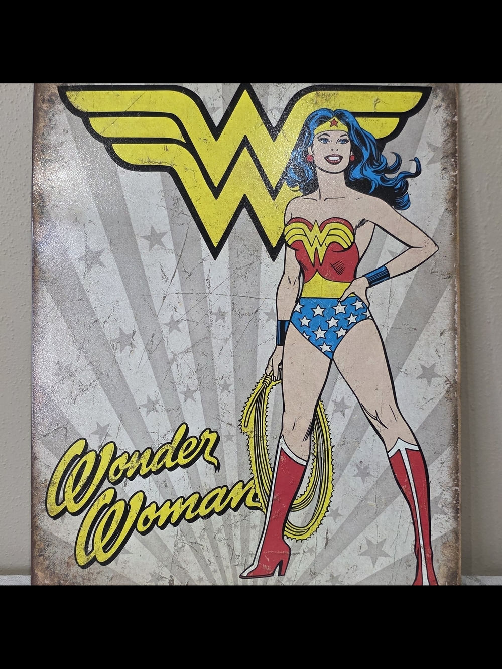 Wonder Woman Vintage-Style Metal Wall Hanging Art in Red, Blue, Yellow